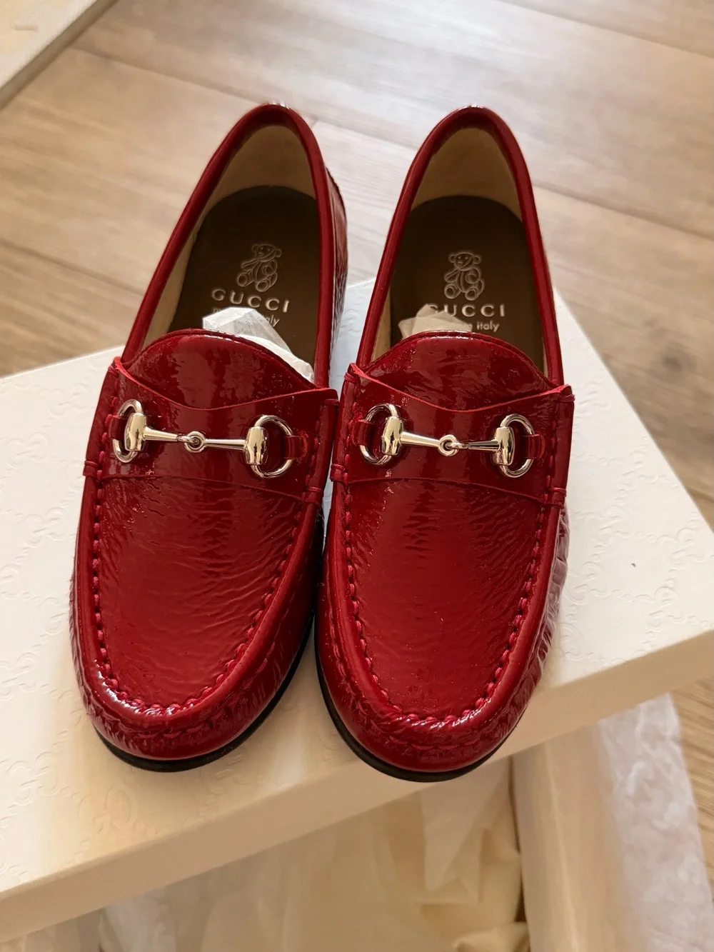 Gucci Red Patent Leather Horsebit Loafers for Kids